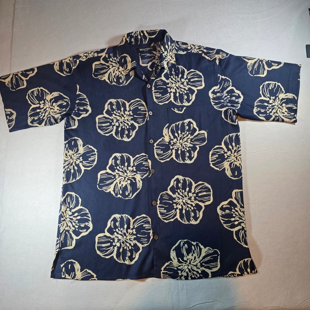 Brandini Men's XL 100% Pure Silk Floral Camp Shirt Navy Blue Hawaiian Resort